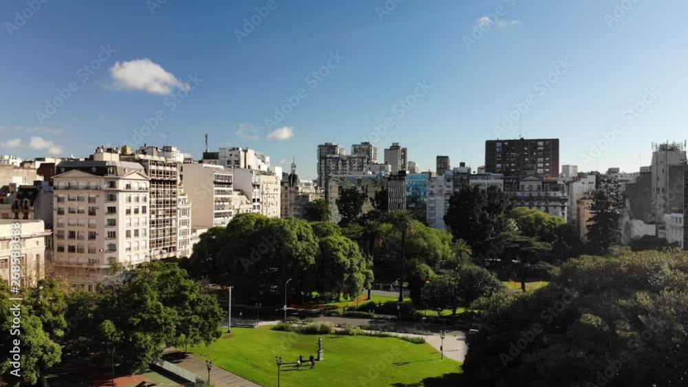 Aerial panoramic view of Plaza General LaValle in Buenos Aires, Argentina. Drone slowly flying backwards Aerial panoramic view of Plaza General LaValle in Buenos Aires, Argentina. Drone slowly flying backwards