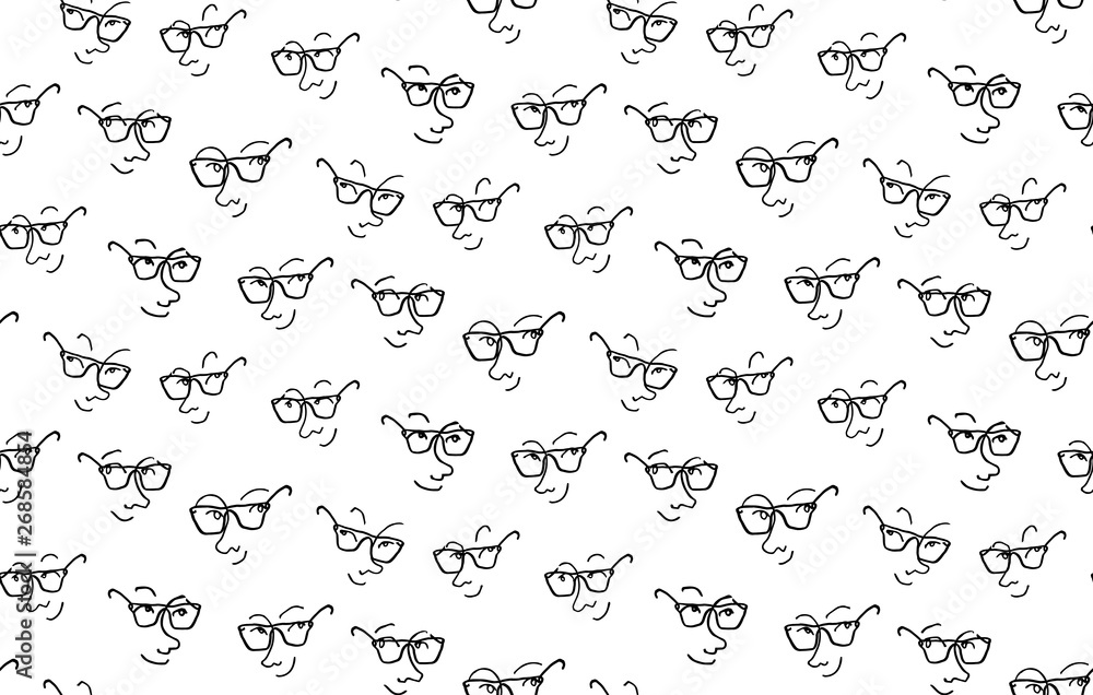 Funny characters faces with expressions in glasses seamless pattern, Hand drawn vector illustration, in black and white colors Funny characters faces with expressions in glasses seamless pattern, Hand drawn vector illustration, in black and white colors