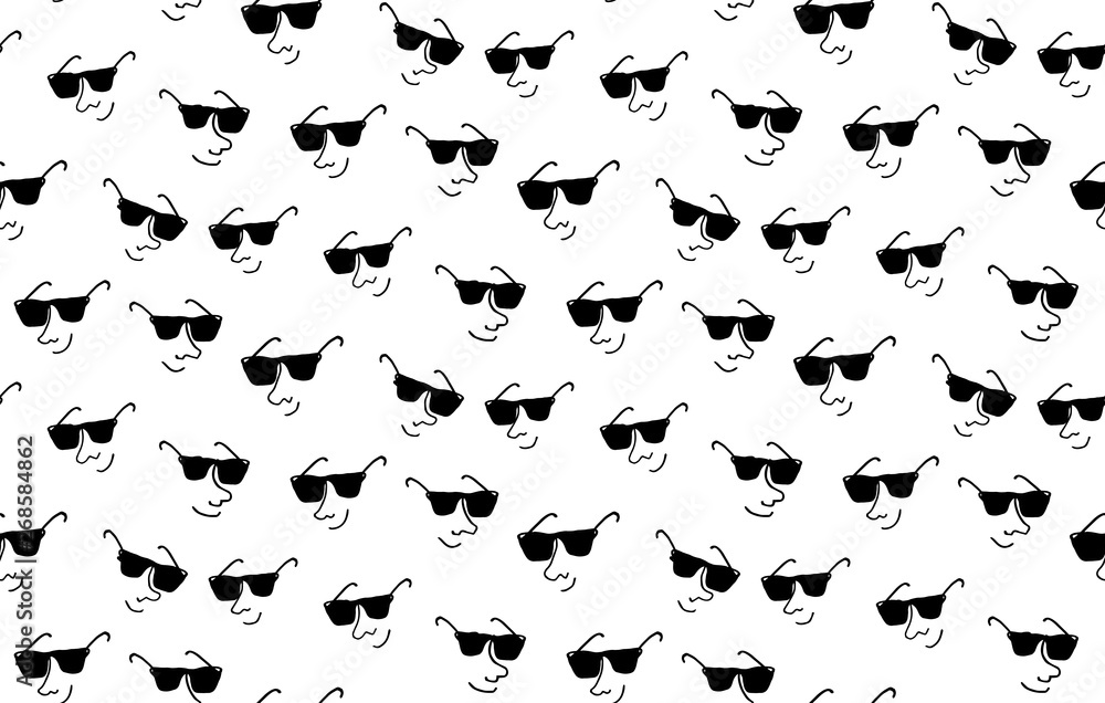 Fototapeta premium Funny characters faces with expressions in sunglasses seamless pattern, Hand drawn vector illustration, in black and white colors, summer style, web, wallpaper, textile and wrapping paper design