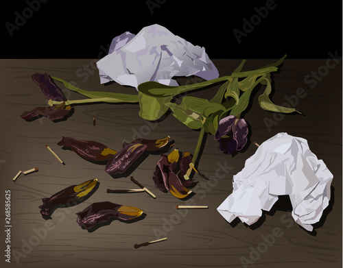 Emotional hand drawn illustration with faded tulips and smashed paper