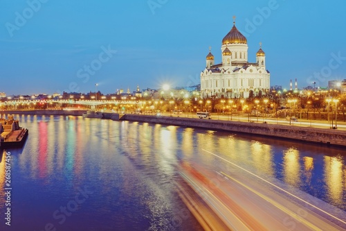 Cathedral of Christ the Saviour famous landscape view Panoramic at night with beautiful light of Moscow Russia