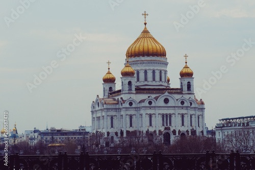 Cathedral of Christ the Saviour famous landscape view Panoramic at night with beautiful light of Moscow Russia