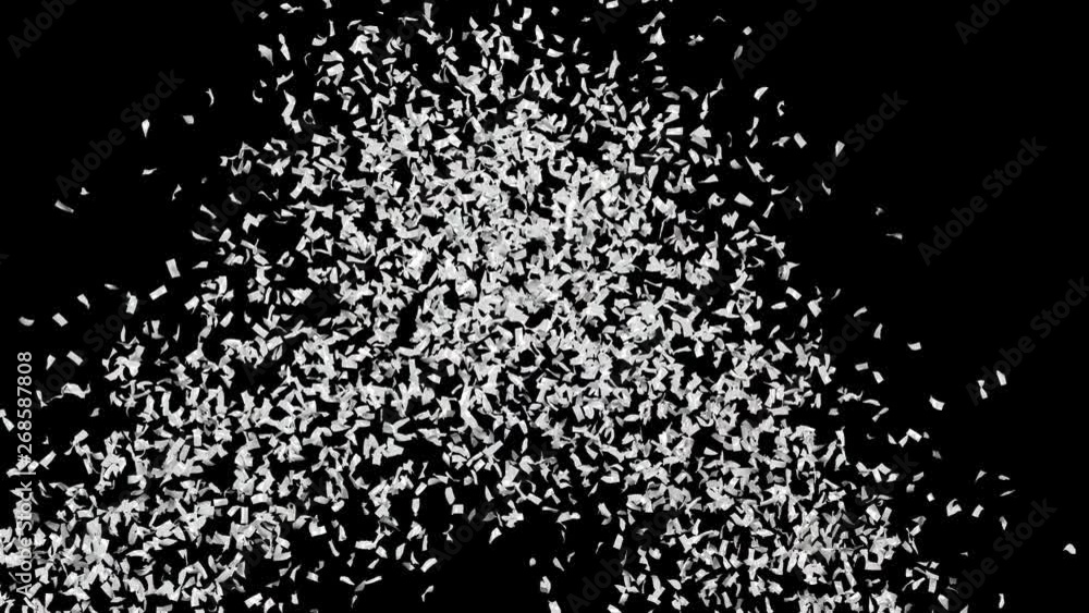 Luxury silver confetti party popper explosion isolated on a black background. Festive 3D animation for wedding, birthday celebration, carnival or Holiday. Alpha channel included for compositing. 4K Luxury silver confetti party popper explosion isolated on a black background. Festive 3D animation for wedding, birthday celebration, carnival or Holiday. Alpha channel included for compositing. 4K