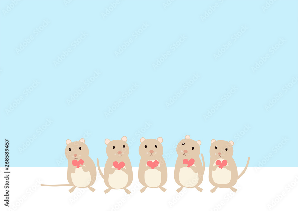 Naklejka premium 2020年年賀状 ハート形を持つ小さなかわいいかわいいネズミ 子年
