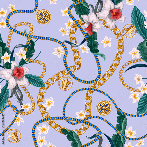 Seamless summer pattern with belts, chains and tropical leaves and flowers. Trendy fashion print photo