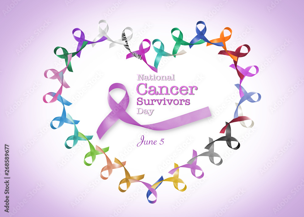 National cancer survivor month, June with heart shape cycle of multi-color and lavender purple ribbons raising awareness of all kind tumors