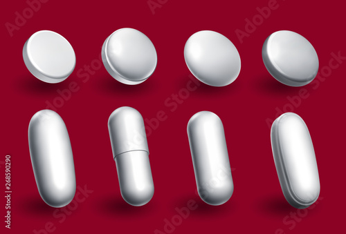 various pharmaceutical white pills and capsules on deep red background 3d art