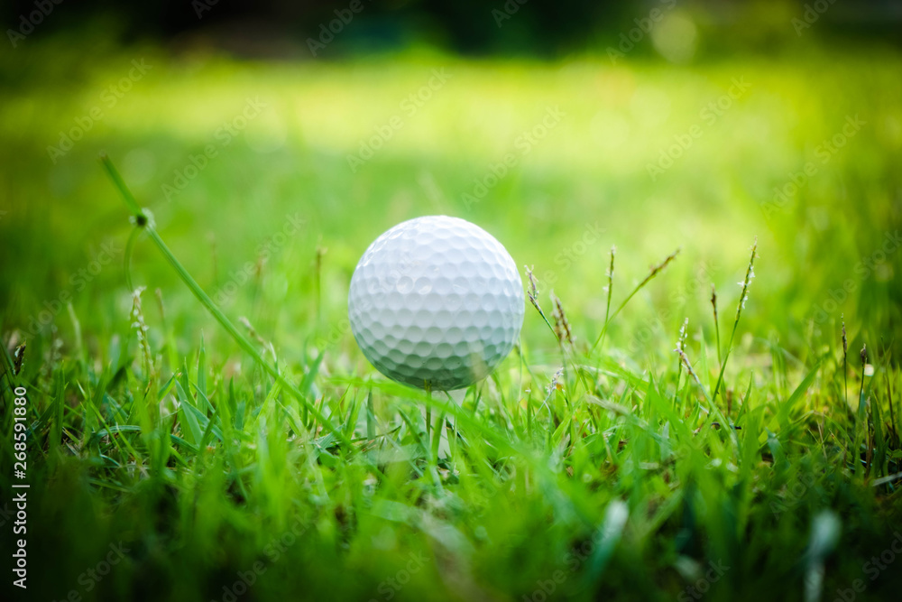 Golf ball on tee in beautiful golf course at sunset background. Golf ball on tee in beautiful golf course at sunset background.