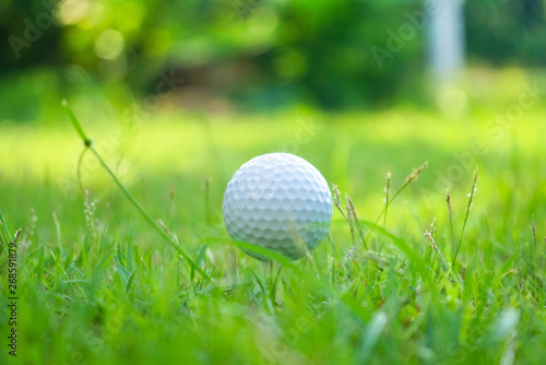 Golf ball on tee in beautiful golf course at sunset background.