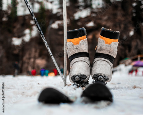 Pair of touring skis in the snow on a mountain summit