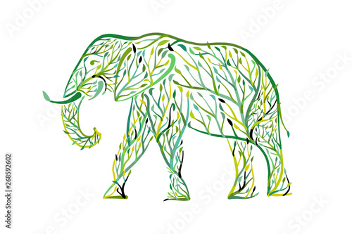 Elephant shape made from tree leaves. Save the earth. Vector design