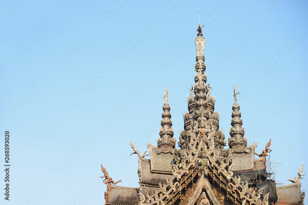 Fototapeta premium The Sanctuary of Truth made of wood in Pattaya, Chonburi, Thailand. Travel destinations for tourist. Free copy space.