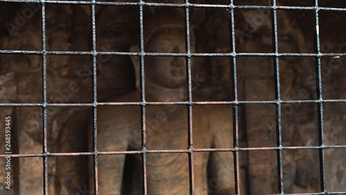 A buddha statue in a cage in Sri Lanka