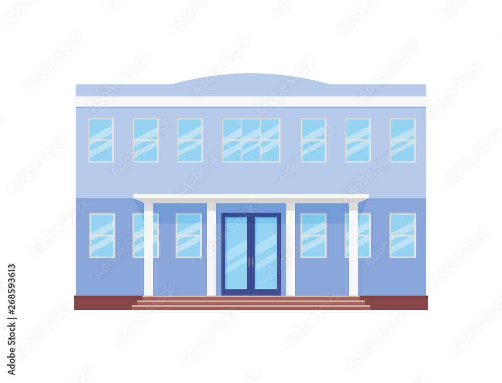 College building. Vector. High school front view. Facade of education building. University icon isolated on white background. Cartoon flat illustration. Street architecture.