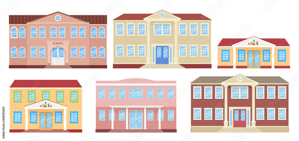 School building, university, kindergarten and college. Vector. Schoolhouse front view. Facade of education building. Set architecture icons isolated on white background. Cartoon flat illustration.