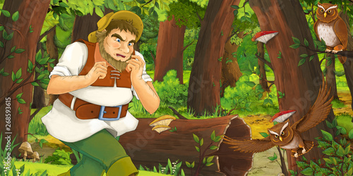 cartoon scene with older man farmer in the forest encountering pair of owls flying - illustration for children