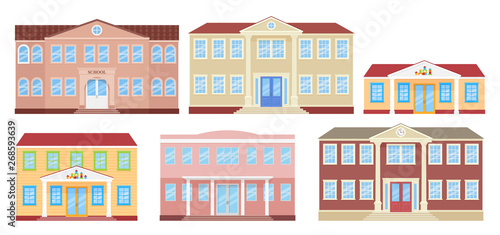 Fototapeta Naklejka Na Ścianę i Meble -  School building, university, kindergarten and college. Vector. Schoolhouse front view. Facade of education building. Set architecture icons isolated on white background. Cartoon flat illustration.