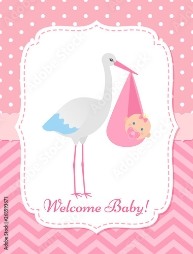 Baby Shower invitation card. Vector. Baby girl banner. Welcome template invite. Pink design. Cute birth party background. Happy greeting poster with newborn kid and stork. Cartoon flat illustration.