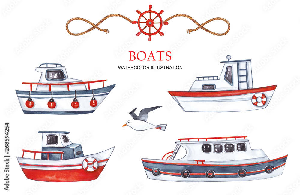 Large set of boats on a white background. Watercolor illustration. Large set of boats on a white background. Watercolor illustration.