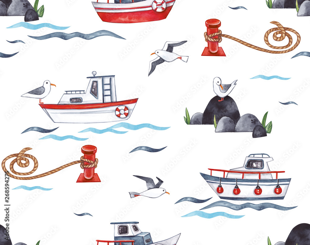 Pattern with boats, bollard, rope and seagulls on a white background. Watercolor illustration. Pattern with boats, bollard, rope and seagulls on a white background. Watercolor illustration.