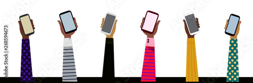 Vector drawing of isolated 6 arms from different ethnicities with 6 different outfit holding 6 smart phones illustration, Communication, technology, diversity, variety concepts