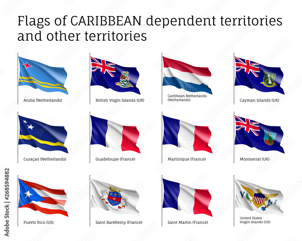 Curved flags of Caribbean dependent territories. Officially recognized flag of state on flagpole isolated on white background. Realistic national and political identity. Patriotic vector illustration.