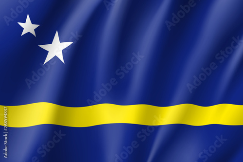 Waving national flag of Curacao island. Patriotic symbol in official country colors. Illustration of Caribbean state flag. Vector icon