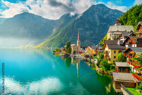 Fantastic view with Hallstattersee lake and wooden houses, Hallstatt, Austria