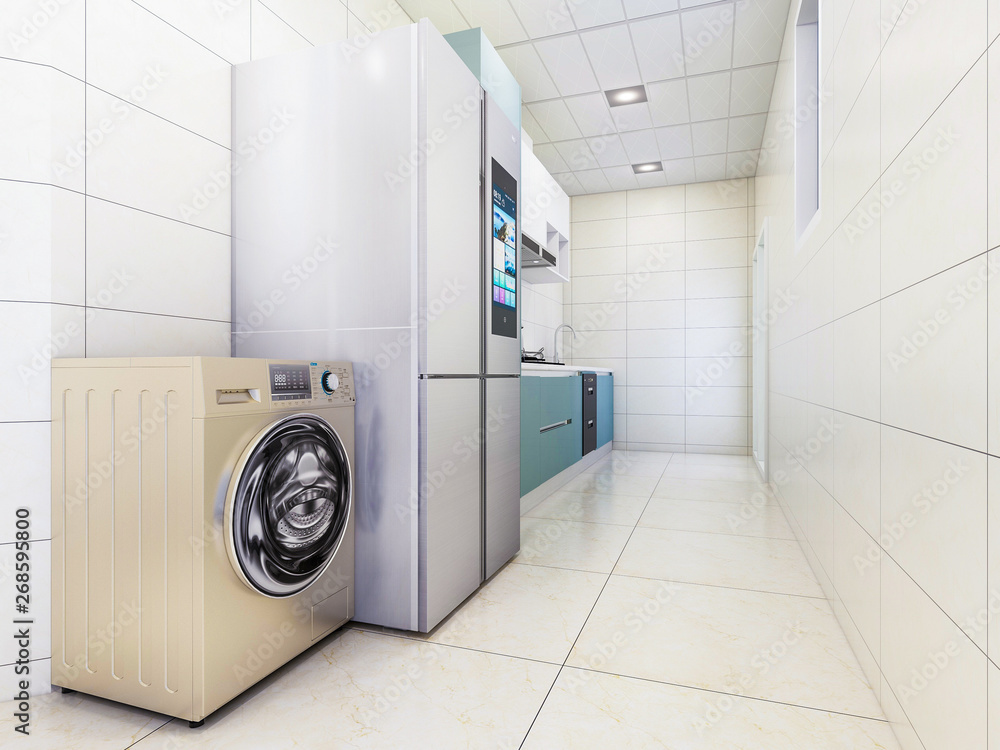 Modern spacious kitchen in green tones with clean washing machine and refrigerator Modern spacious kitchen in green tones with clean washing machine and refrigerator