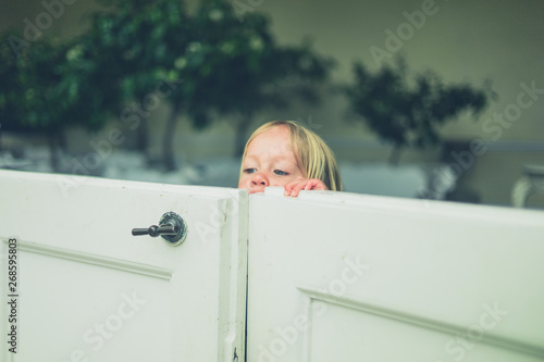 Fotografie Little toddler peaking over a gate inside an orangery