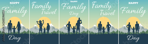 Greeting card with text Happy Family Day and Travel. Silhouette of father, mother, daughter and son on background of adventure landscape and mountain. Family in nature at sunset.