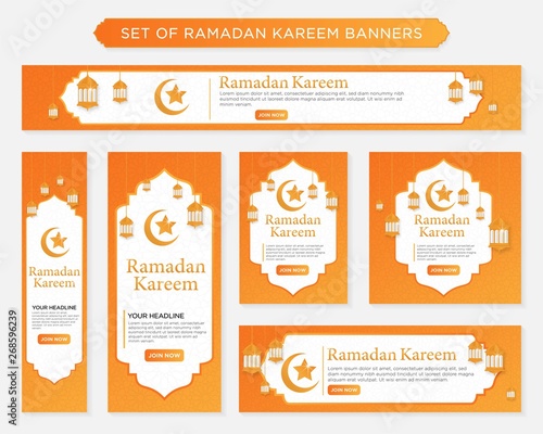 set of ramadan kareem background design, modern islamic banner collection, arabic, ied mubarak celebration, fasting, web, poster, flyer, advertising illustration design vector eps 10 