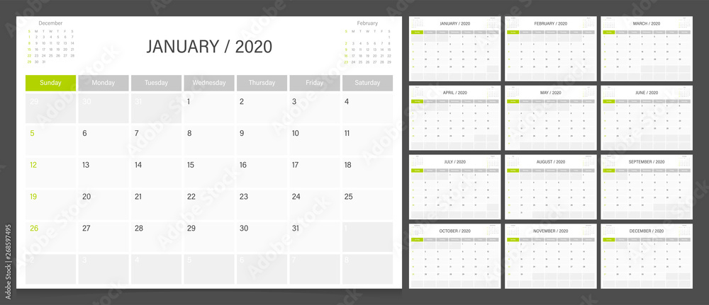 Calendar 2020 week start Sunday corporate design planner template ...