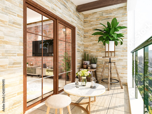 Beautiful outdoor balcony at home, sunny