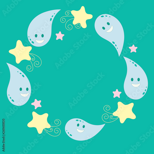 Funny water droplets. Frame for congratulations, greetings. Vector