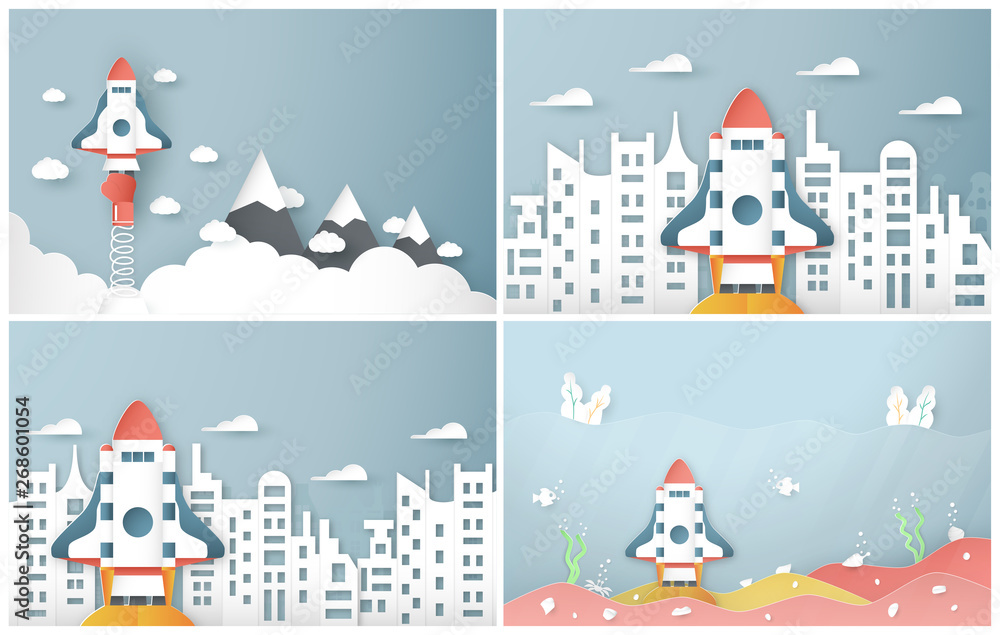 Vector illustration with start up concept in paper cut, craft and origami style. Rocket is flying on blue sky. Template design for web banner, poster, cover, advertisement. It's art craft for kids.