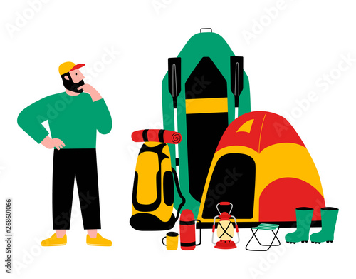 Tourist, travel preparation. Equipment for a hike. A puzzled man. Vector flat cartoon illustration.