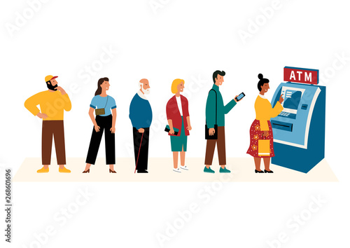 People waiting in line near atm machine. Flat cartoon vector illustration, isolated on white.