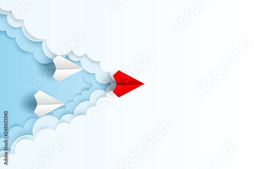 Business  leadership ,financial concept. Red paper plane leadership  to sky go to success goal. paper art style. creative idea. vector ,illustration.