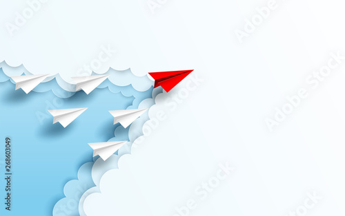 Business  leadership ,financial concept. Red paper plane leadership  to sky go to success goal. paper art style. creative idea. vector ,illustration.