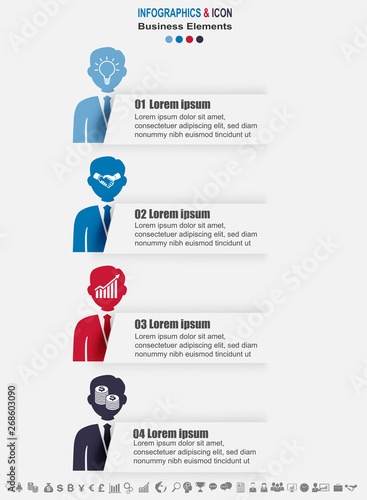 Infographic business timeline process and icons template. Design with staff ,personnel marketing can be used for workflow layout, report, . Business concept with 4 options, steps or processes. Vector.