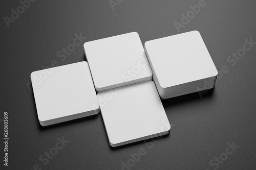 3D render Mock-up of square business cards are on a black paper