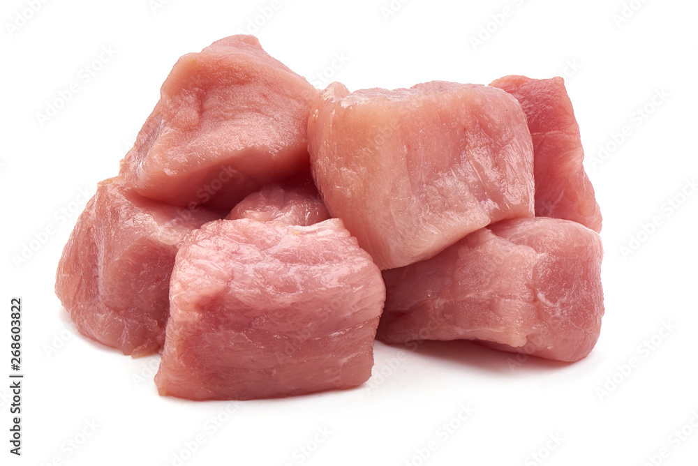 Raw meat pieces, pork fillet, ingredients for cooking, close-up, isolated on white background Raw meat pieces, pork fillet, ingredients for cooking, close-up, isolated on white background