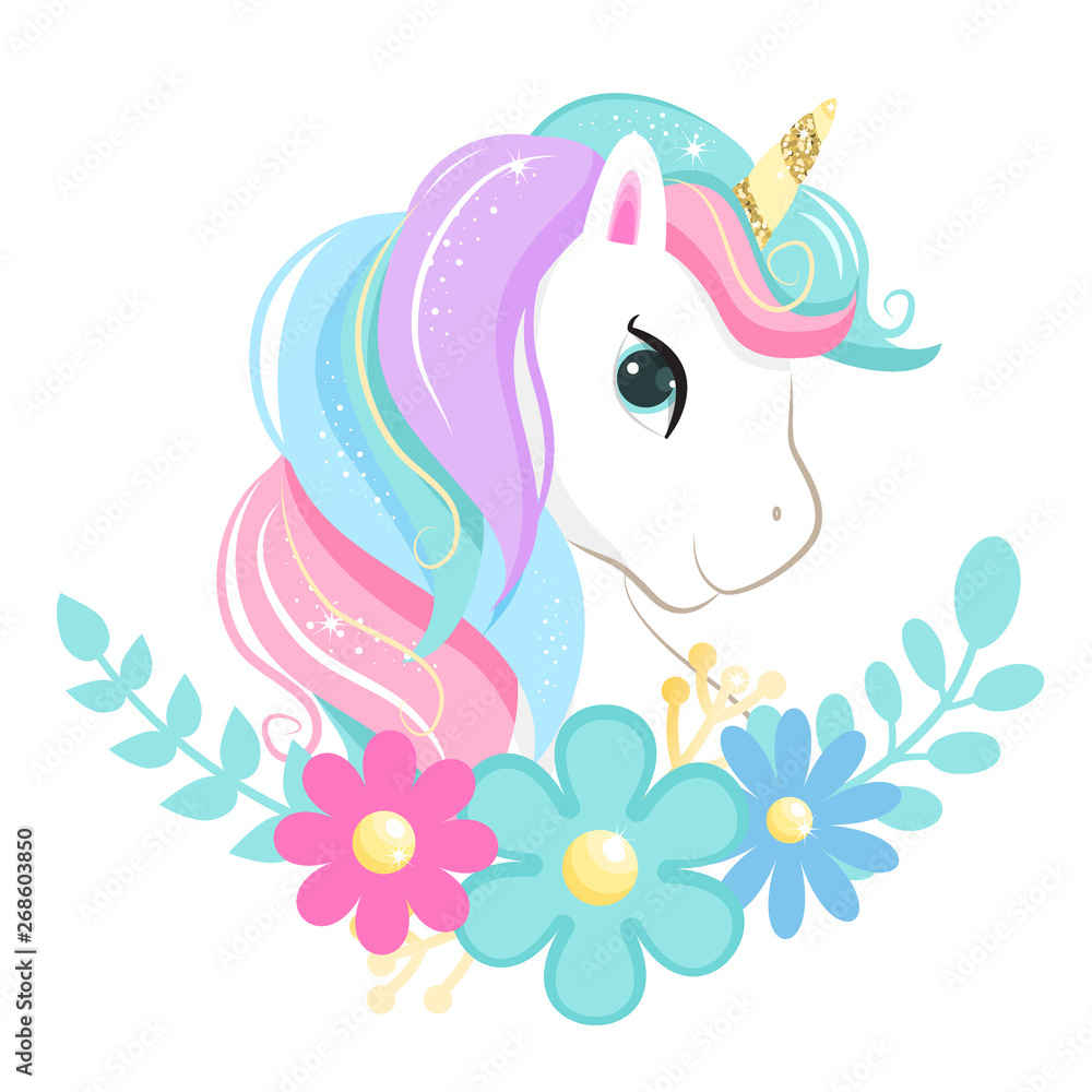 Cute magic cartoon unicorn head with flowers. Illustration for children