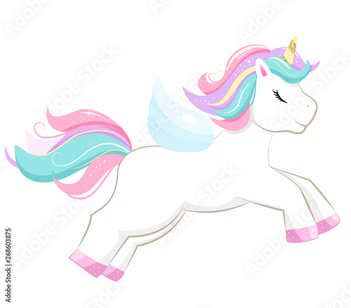 Cute magic cartoon unicorn. Illustration for children