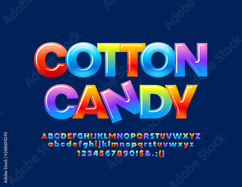 Vector colorful logo Cotton Candy with glossy Alphabet Letters, Numbers and Symbols. Bright gradient Font