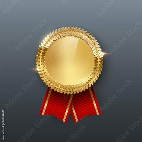 Award golden medal with ribbon 3d realistic vector color illustration on gray background