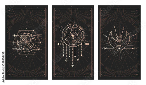 Vector set of three dark backgrounds with geometric symbols, grunge textures and frames. Abstract geometric symbols and sacred mystic signs drawn in lines.