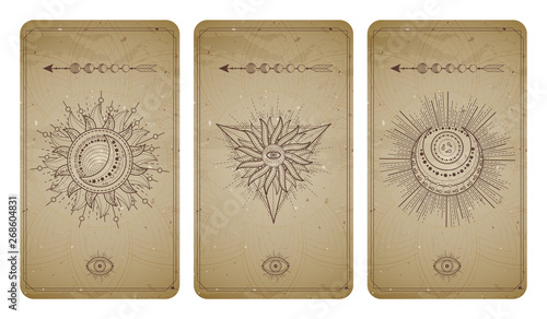 .Vector set of three vintage backgrounds with geometric symbols and frames. Abstract geometric symbols and sacred mystic signs drawn in lines.