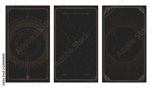 Vector set of three dark backgrounds with geometric symbols, grunge textures and frames. Abstract geometric symbols and sacred mystic signs drawn in lines.